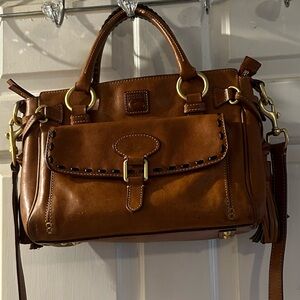 Dooney & Bourke Cognac Brown Leather Satchel with Brass Hardware